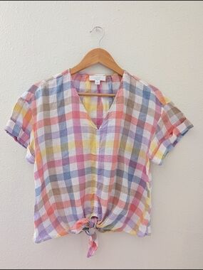 Luxury Linen Charter Club Pastel Plaid Tie-Front V-Neck Top Size M